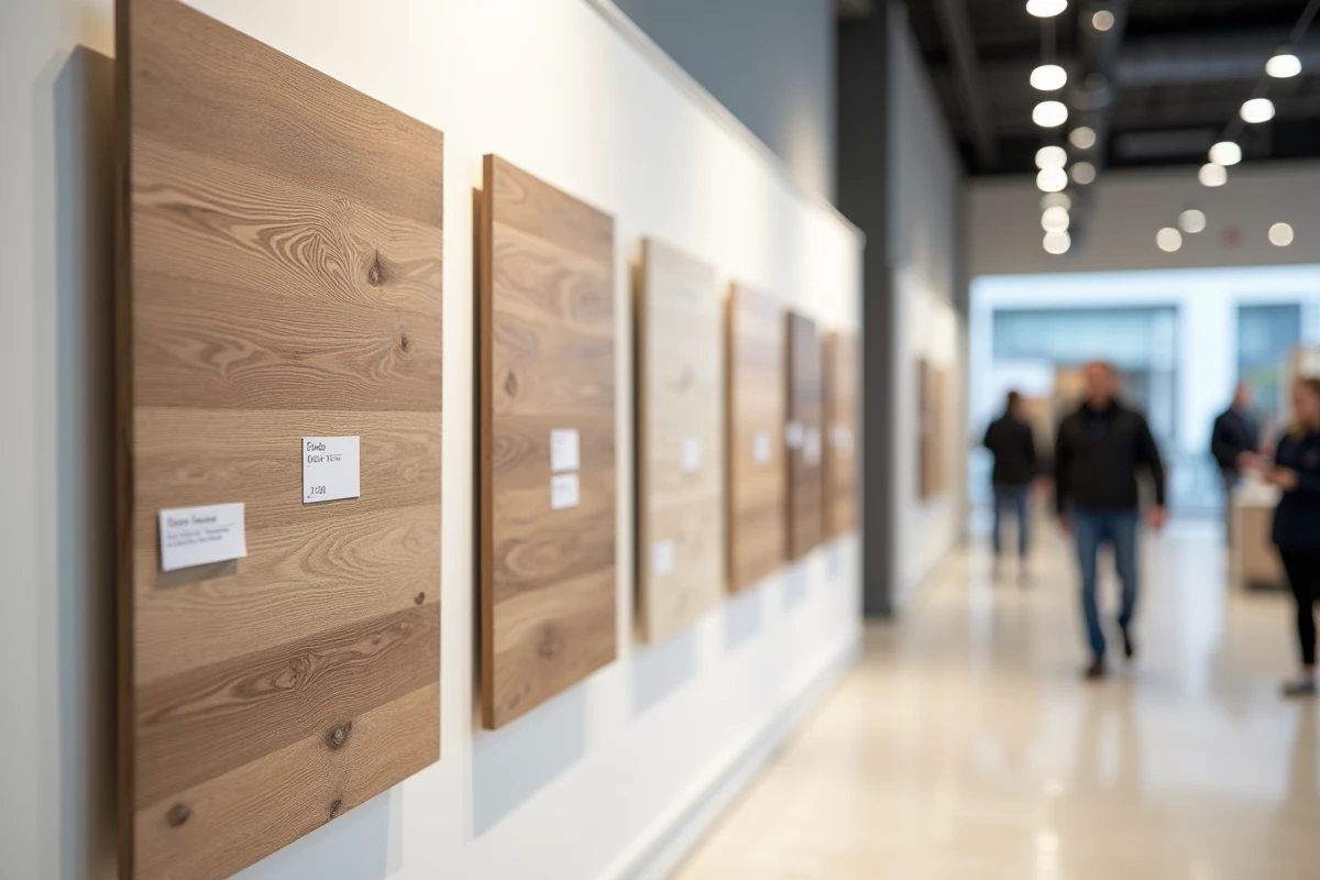 Showroom de matériaux de sol avec échantillons de parquet et carrelage affichant leurs prix