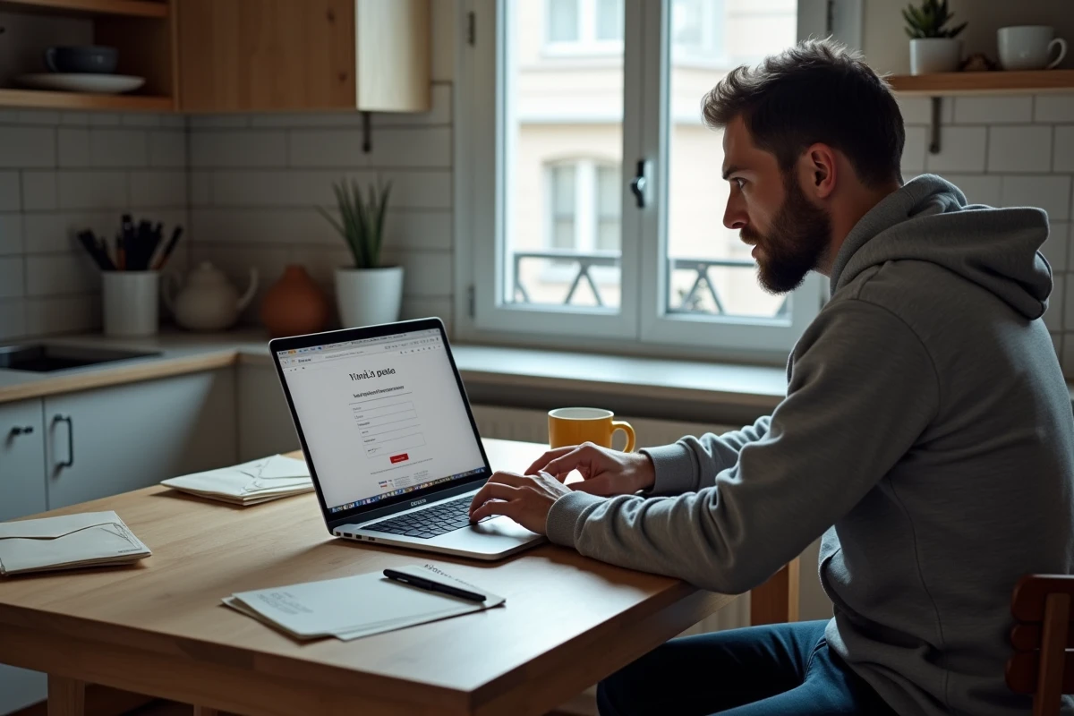 Homme souscrivant en ligne au service de réexpédition de courrier de La Poste sur son ordinateur