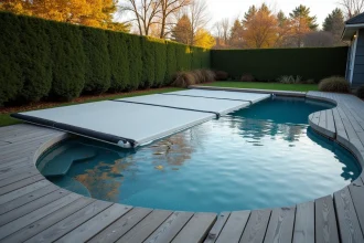 Spa extérieur avec couverture polycarbonate rétractable dans un jardin en automne