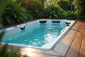 Spa de nage extérieur avec système d'assainissement UV et chlorinateur au sel installé sur une terrasse en bois entourée de végétation