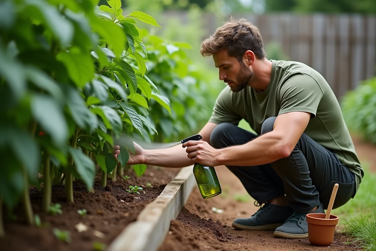 Homme appliquant un spray naturel alternatif à l'huile de neem sur des plants de tomates dans un potager surélevé