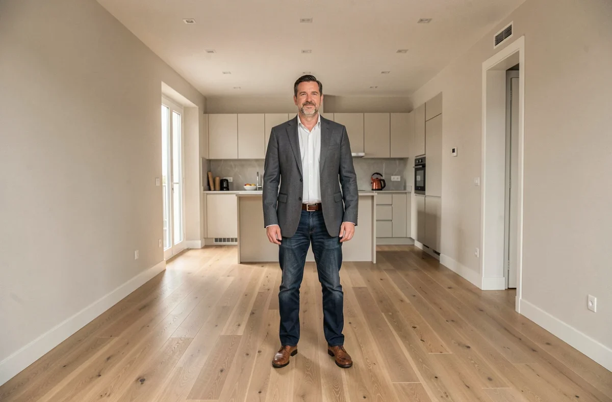Entrepreneur général de Sud Renov présentant un appartement marseillais entièrement rénové après travaux complets