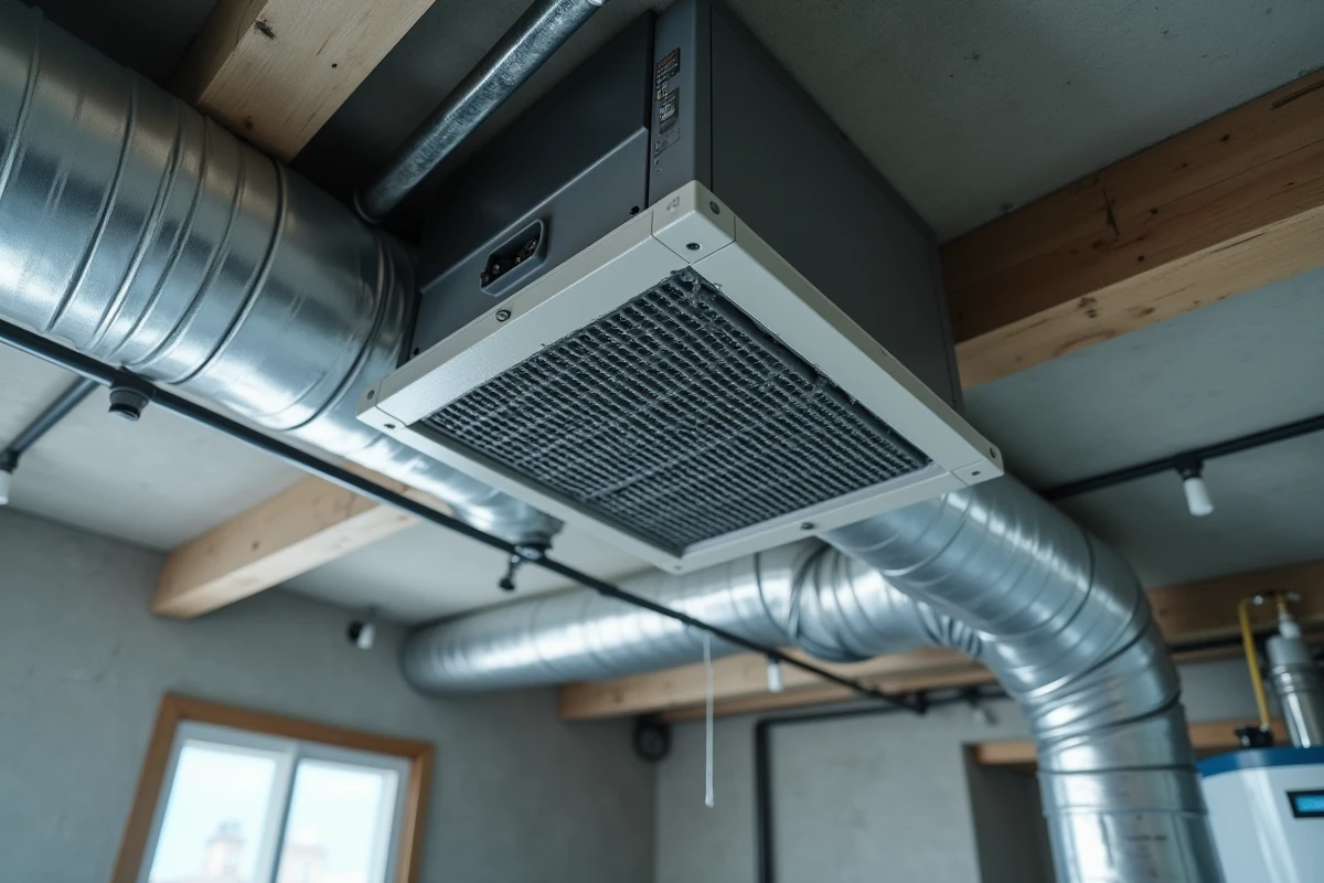 Système de ventilation mécanique contrôlée installé au plafond d'un sous-sol avec gaine flexible et conduit d'extraction