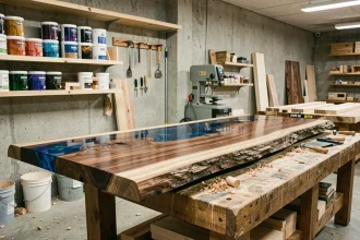 Table en résine époxy bleue avec plateau en bois de noyer épais dans un atelier de menuiserie contemporain
