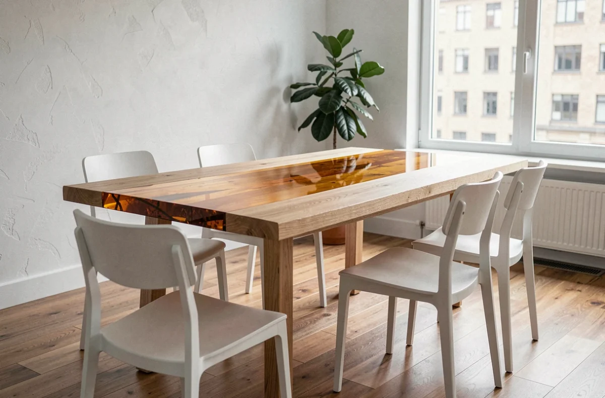 Table à manger en résine époxy transparente sur plateau de chêne épais dans un intérieur scandinave moderne