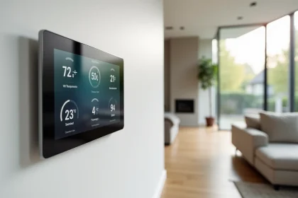 Tableau de contrôle domotique tactile fixé au mur d'un salon moderne avec interface de gestion intelligente de la maison
