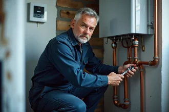 Technicien inspectant une chaudière à gaz naturel dans une chaufferie résidentielle moderne