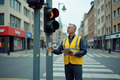 Technicien de voirie inspectant un feu tricolore en panne à une intersection urbaine
