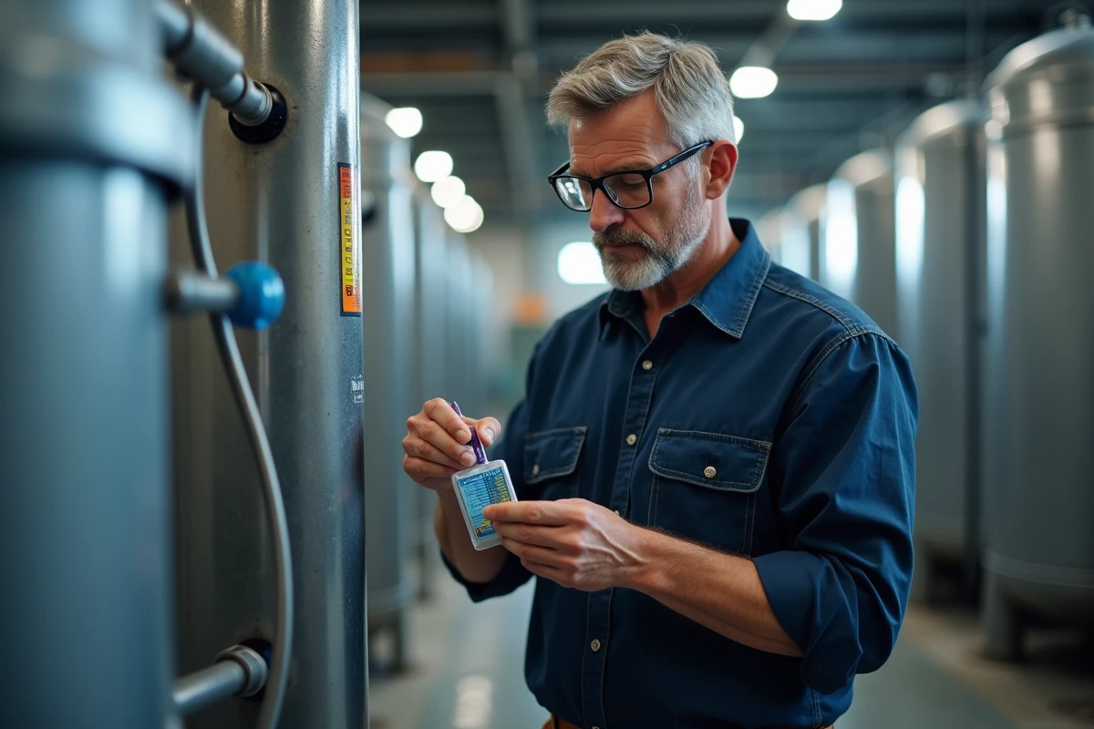Technicien analysant la teneur en fer de l'eau à côté d'un filtre à charbon actif industriel