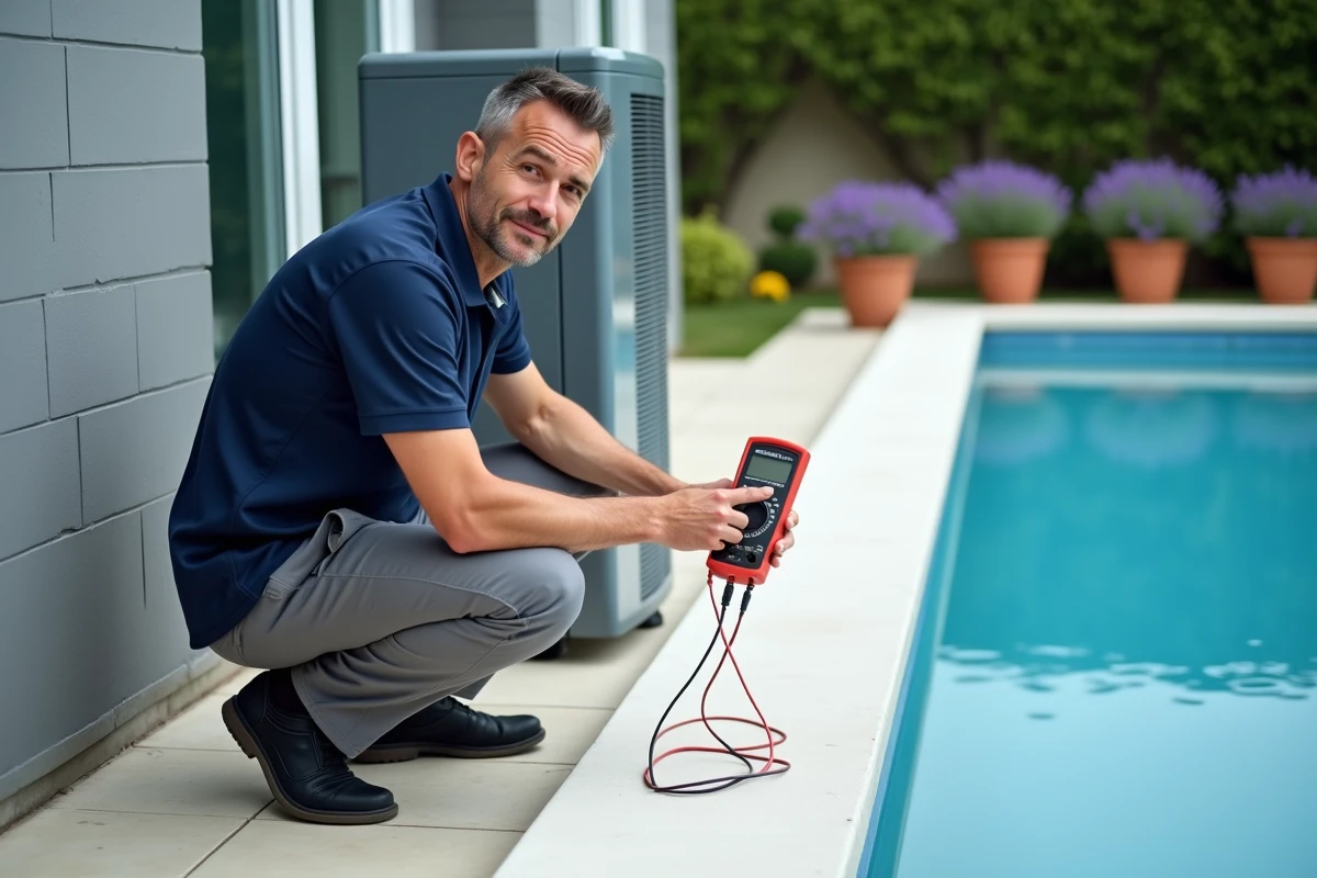 Technicien inspectant une pompe à chaleur de piscine avec un multimètre sur une terrasse en bois blanc