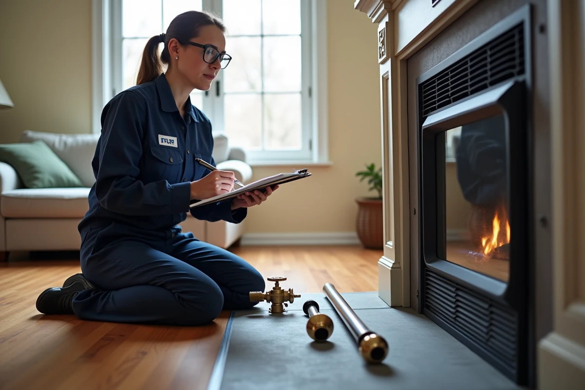 Technicienne en chauffage inspectant un foyer au gaz démonté dans un salon, notant les dommages causés par la combustion de bois dans un appareil prévu uniquement pour le gaz