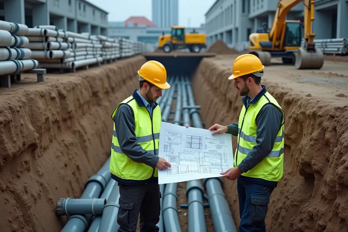 Deux techniciens en génie civil consultant des plans sur un chantier d'excavation urbain avec un réseau de tuyaux PVC enterrés visibles dans la tranchée