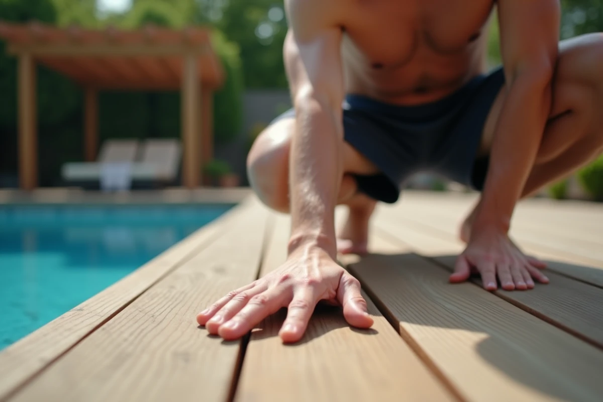 Homme testant la chaleur d'une terrasse en bois composite autour d'une piscine