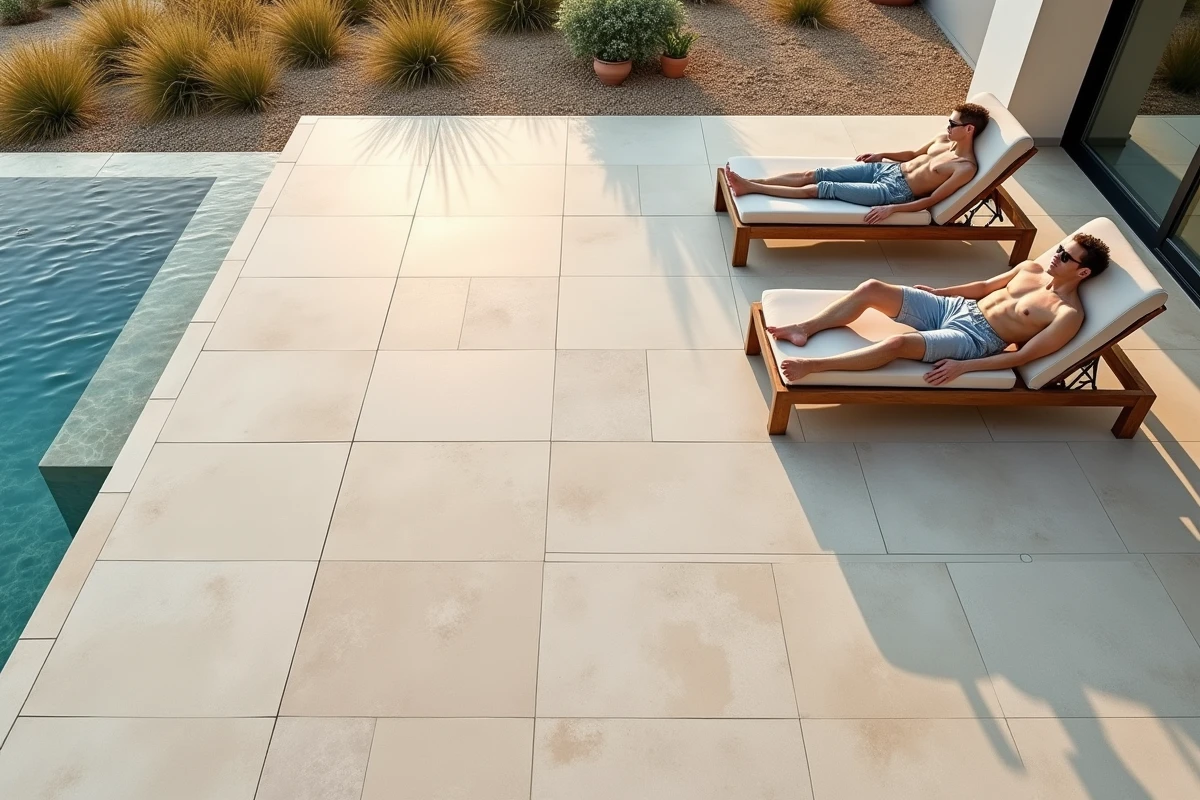 Terrasse de piscine en carrelage grès cérame beige restant fraîche en été