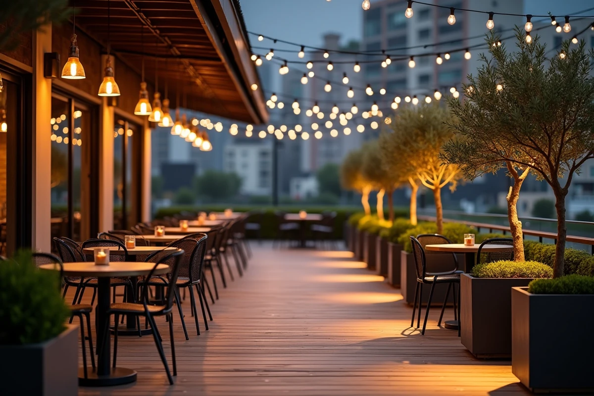 Terrasse extérieure de restaurant éclairée avec suspensions et spots encastrés dans un plancher en bois entouré d'oliviers en pot