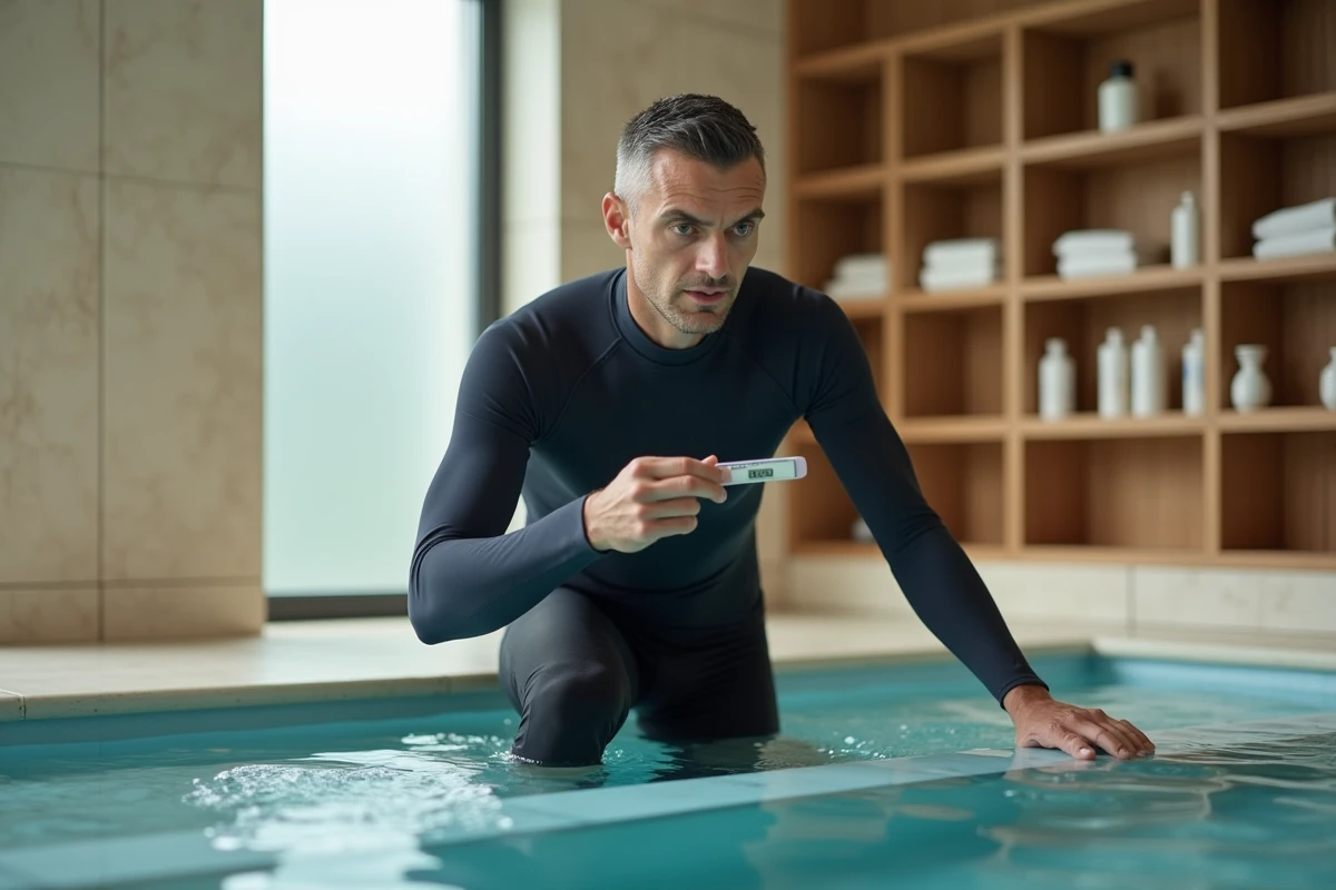 Homme testant la qualité de l'eau d'un spa de nage intérieur avec une bandelette d'analyse dans une salle de bien-être carrelée
