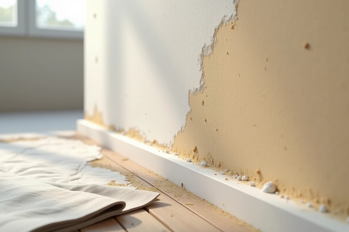 Gros plan sur la texture d'un mur poncé montrant la différence entre surface lisse et rugueuse avant peinture