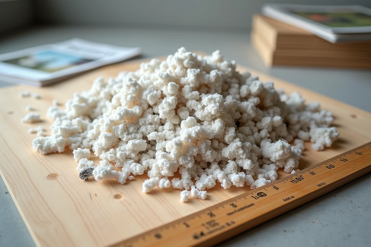 Gros plan sur la texture fibreuse de la ouate de cellulose en vrac avec des fragments de papier recyclé visibles
