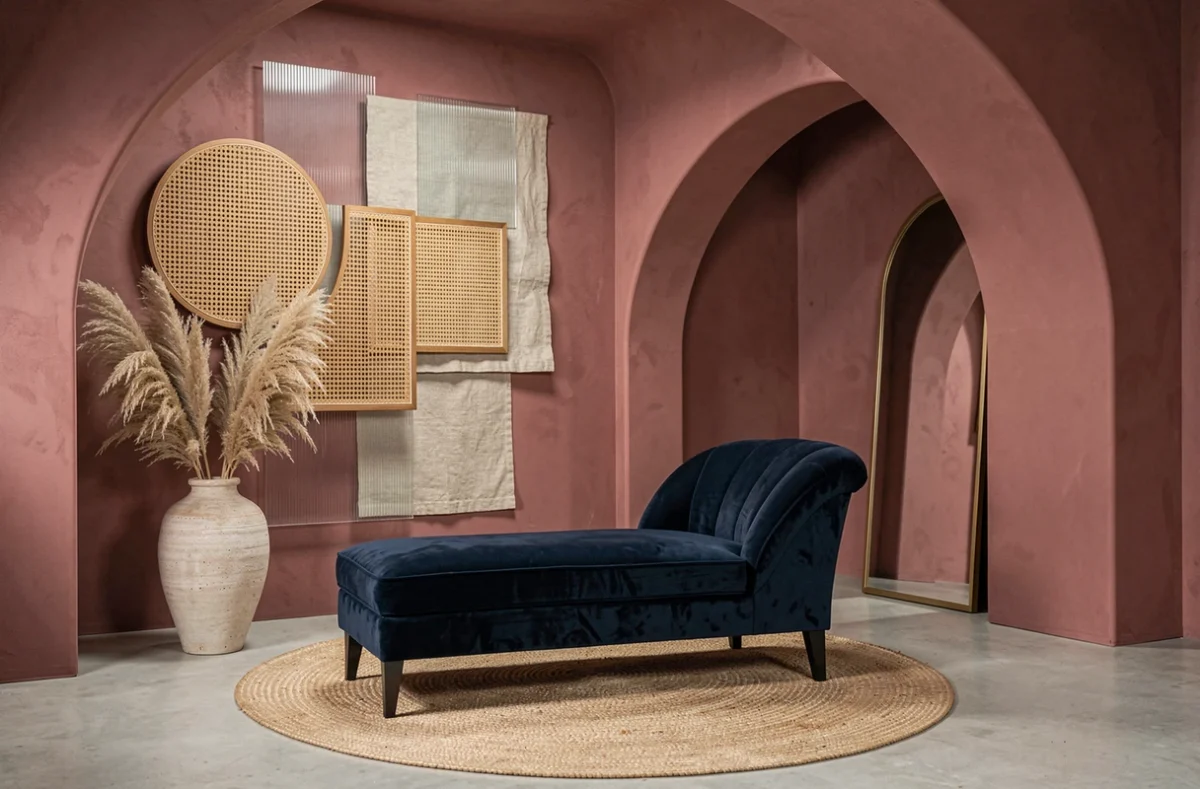 Scénographie d'intérieur à Aix-les-Bains par Traits d'Émotion avec arches en plâtre rose, velours marine et installation murale texturée