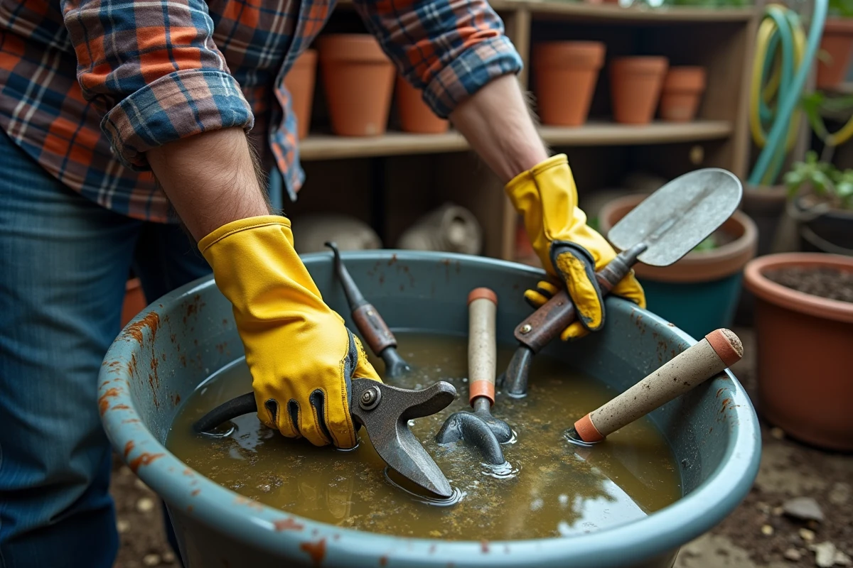 Outils de jardin en acier trempés dans un bac de vinaigre blanc pour éliminer la rouille avant l'hiver