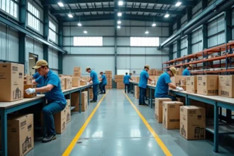 Usine de fabrication en Chine avec des ouvriers emballant des produits de grande consommation sur des chaînes d'assemblage industrielles