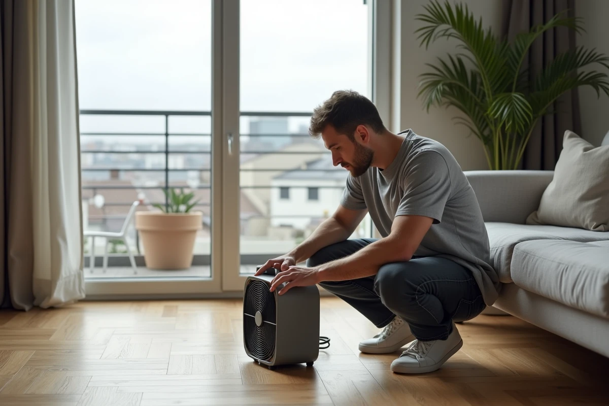 Homme installant un ventilateur portable près d'une baie vitrée pour faire circuler l'air sans VMC