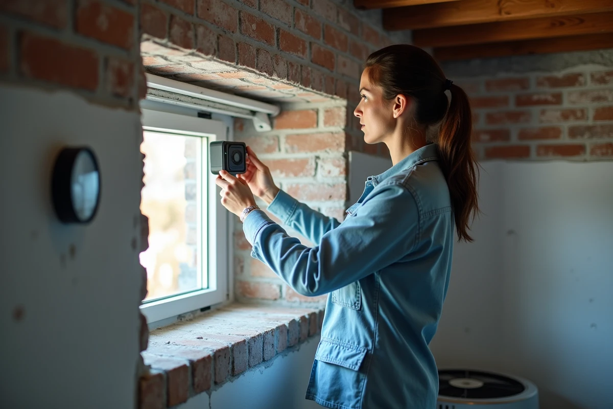 Femme installant un ventilateur électrique sur une fenêtre de sous-sol pour favoriser la ventilation naturelle