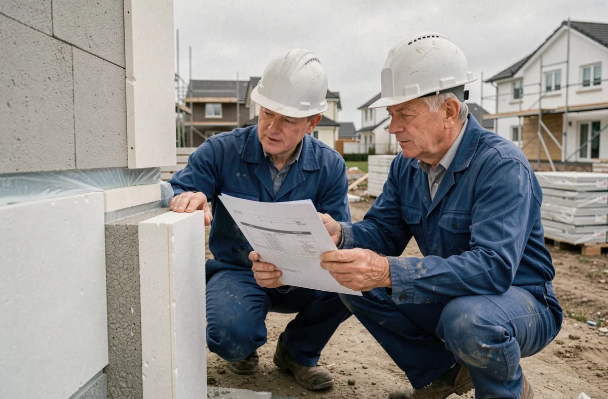 Deux ouvriers du bâtiment examinant une coupe transversale d'isolation thermique extérieure conforme aux exigences effi 65