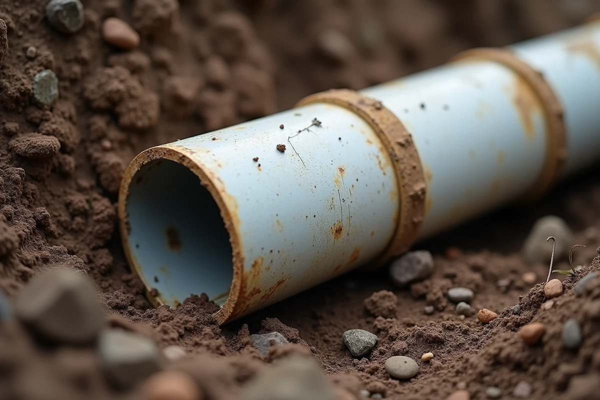 Gros plan sur un tuyau PVC déterré montrant des signes de vieillissement, de dépôts minéraux et d'usure après plusieurs années d'enfouissement
