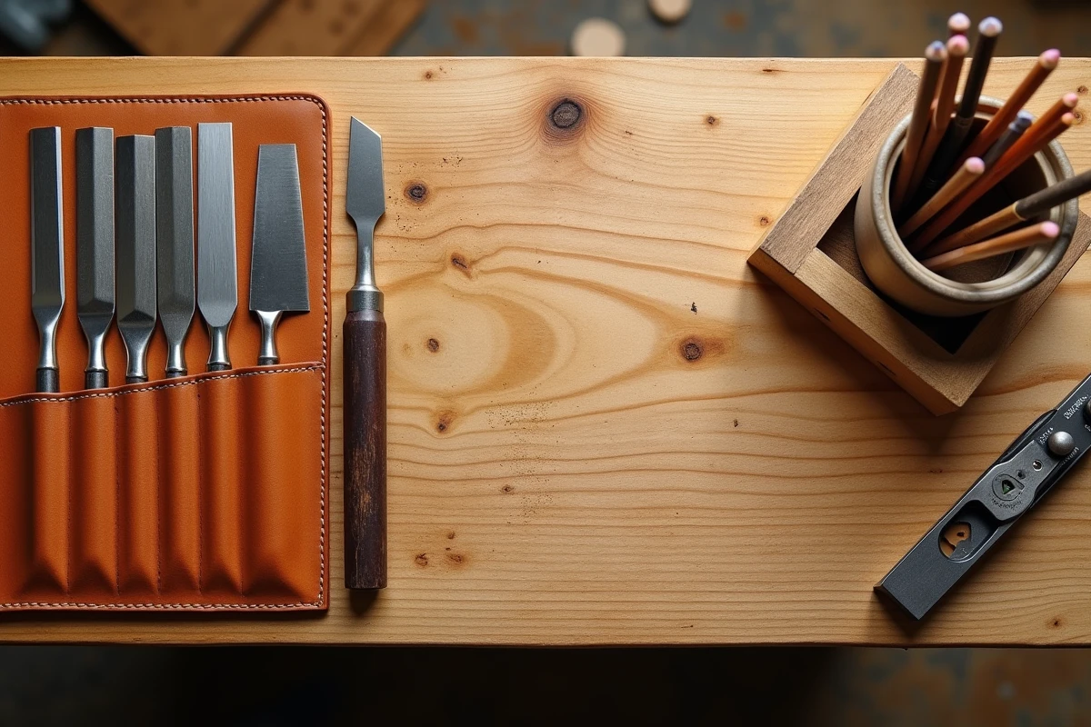 Vue aérienne d'un établi en érable organisé avec un rouleau à outils en cuir, un rabot à main et des ciseaux rangés par taille