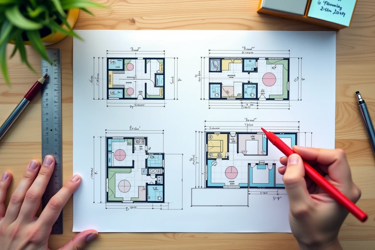 Vue aérienne d'un plan de protection incendie annoté posé sur un bureau en bois avec des outils de dessin technique