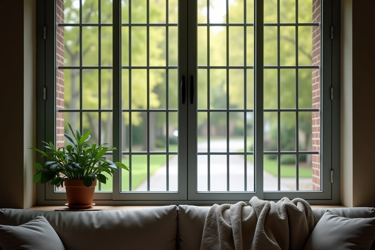 Vue intérieure depuis un salon à travers une grille de sécurité sur fenêtre avec décor domestique confortable